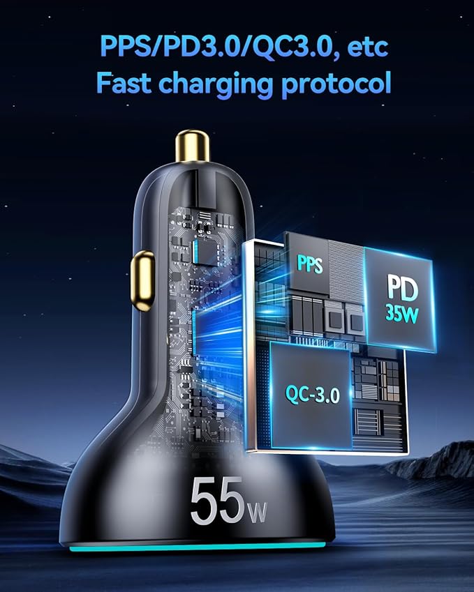 Rocoren 55W 4-Port Car Charger, PD3.0 QC3.0 Super Fast Charging USB C Car Charger for Multiple Devices, Cigarette Lighter Adapter for iPhone 17/16/15/14 Series, iPad Pro, Samsung S25/S24 Ultra, Pixel