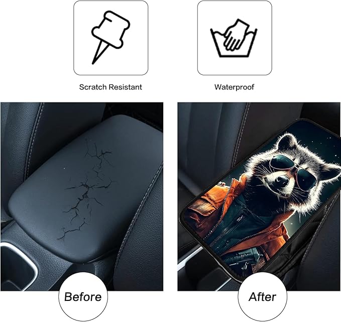 JANENFNA Car Armrest Cover Pads Universal Fashion Cute Auto Center Console Armrest Cover Pad with 2PCS Car Coasters Soft Waterproof Car Armrest Seat Protector for Women,Cool Raccoon Pattern