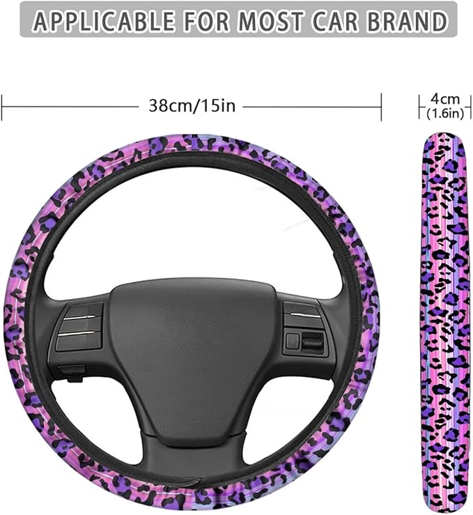 Universal Non-Slip Steering Wheel Cover, 15-inch Polyester Material Driving Accessories, Adjustable for Car and Truck(Pink Purple Gradient Leopard)
