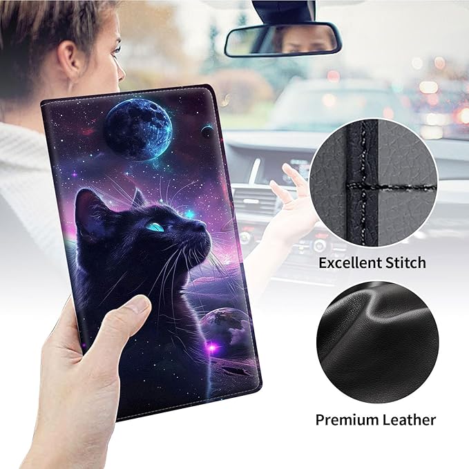 Qindaiwen Car Registration and Insurance Holder, Vehicle Card Document Elastic Band Closure Glove Box Organizer, Driver License Cards, Car Accessories for Essential Info, Galaxy Cat 02
