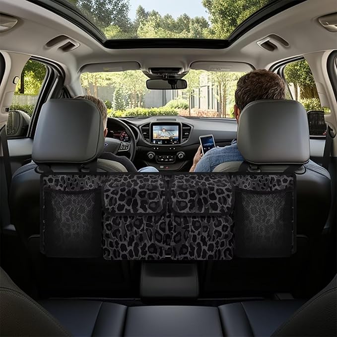 SEANATIVE Black Leopard Car Trunk Organizer, Backseat Hanging Storage with 4 Large Pockets, Collapsible Cargo Bag with Adjustable Straps Frees Trunk Floor, Suit for SUV, Truck, Van