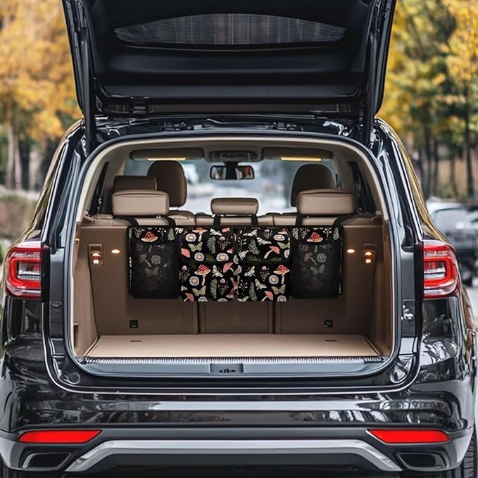 Mushroom Car Trunk Organizer, Butterfly Large Capacity Backseat Trunk Organizer with 4 Pocket, Backseat Hanging Car Storage Organizer Foldable Cargo Storage with Adjustable Straps