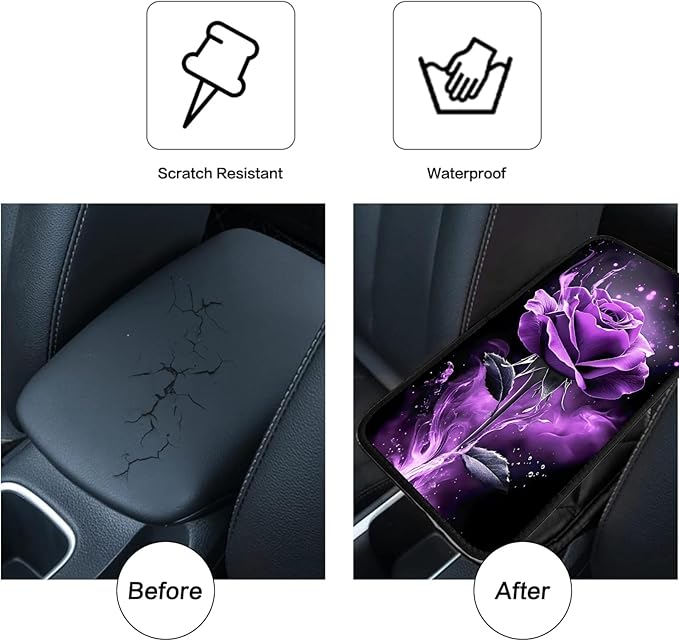 JANENFNA Car Armrest Cover Pads Universal Fashion Cute Auto Center Console Armrest Cover Pad with 2PCS Car Coasters Soft Waterproof Car Armrest Seat Protector for Women,Purple Rose