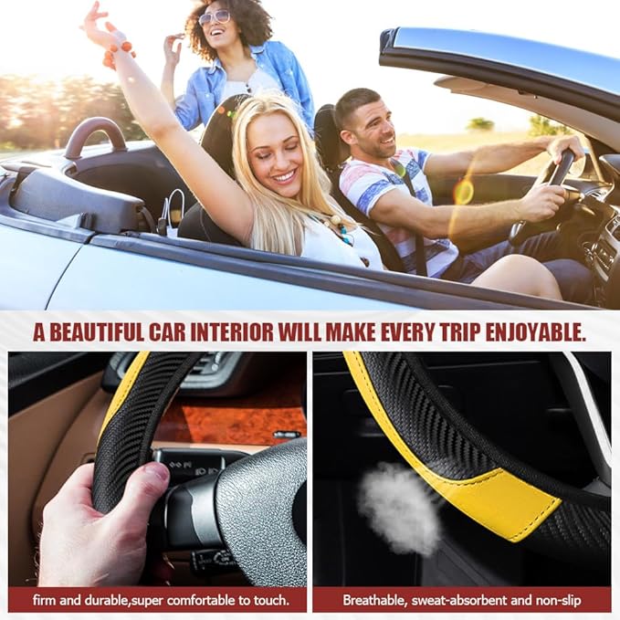 Car Steering Wheel Cover, Steering Wheel Protector, Universal 14.5-15 Inch Microfiber Leather Breathable Auto Steering Wheel Covers, Carbon Fiber Steering Wheel Cover for Women Men (Yellow)