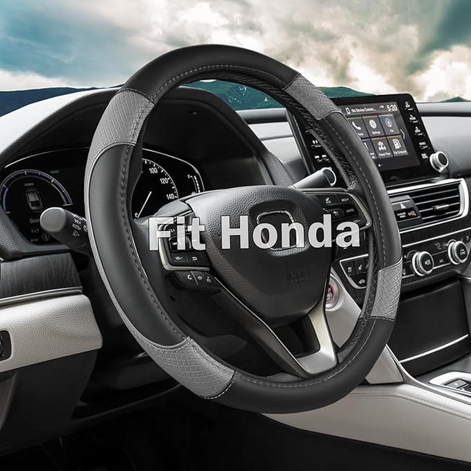 ANMOSVO Steering Wheel Cover for Honda Civic Accord CRV HR-V Pilot Passport Odyssey - Microfiber Leather & Anti-Slip Safety Design 14.5-15 Inch Custom Fit (Gray-Standard Size)