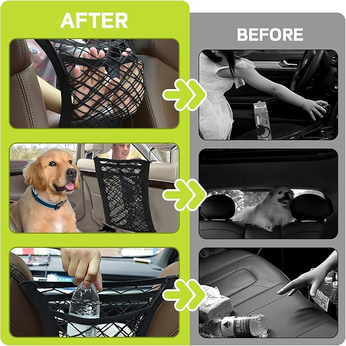 3-Layer Car Mesh Organizer, Kid Dog Pet Net Barrier Between Front Seats, Elastic Tissue Purse Holder Driver Storage Netting Pouch, Universal Stretchable Car Seat Mesh Bag