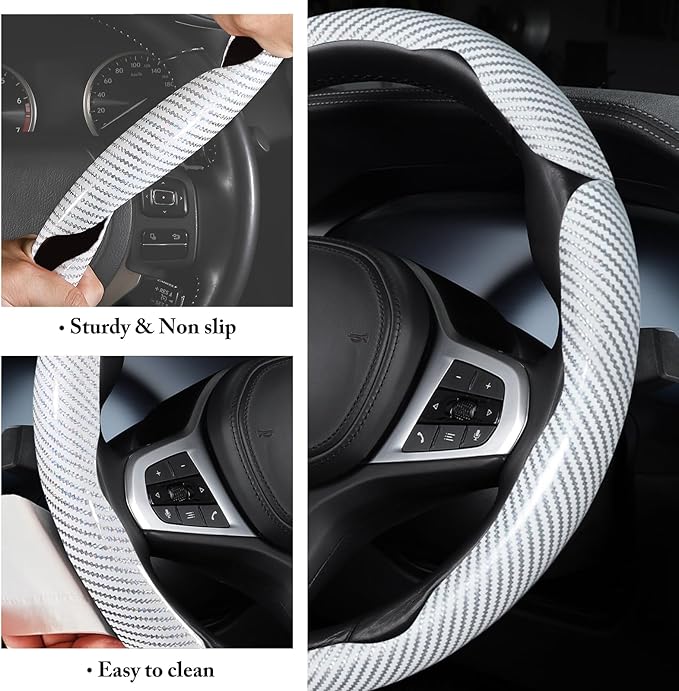 Carbon Fiber Steering Wheel Cover, Snap on Car Steering Wheel Cover Set Accessories 3pcs Wrap Grip Non Slip Protector Universal Glossy White