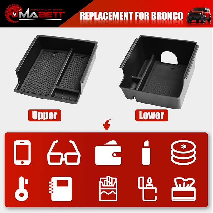 Mabett Console Organizer Tray for Bronco Accessories, Armrest Storage Box fit Bronco 2021 2022 2023 2024 2/4-Door with Non-Slip Mat Black (Not Fits 2025 Verison)