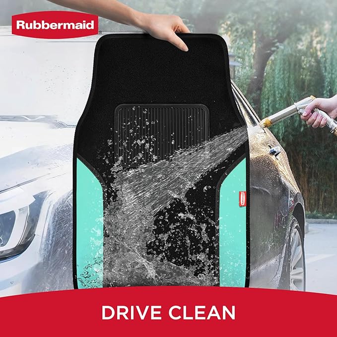 Rubbermaid Car Mats, Carpeted Floor Car Mat with Faux Leather & Built-in Heel Pad, Two-Tone Car Rug Floor Mats, Stylish Carpeted Floor Mats for Cars, Trucks & SUVs Mint Color