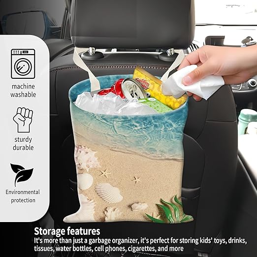 ADQWIOVL Car Garbage Can, Seat Back Hanging Cute Car Trash Can Bag, Car Organizer and Storage Bag for Travelling, Outdoor Summer Beach Sand Wave