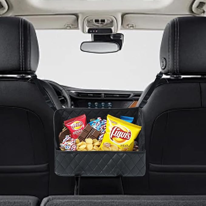 Leather Car Net Pocket Handbag Holder, Car Backseat Organizer Seat Driver Netting Pouch Storage Bag Accessories Between Seats Large Capacity Hanging for Phones Documents Small Essentials