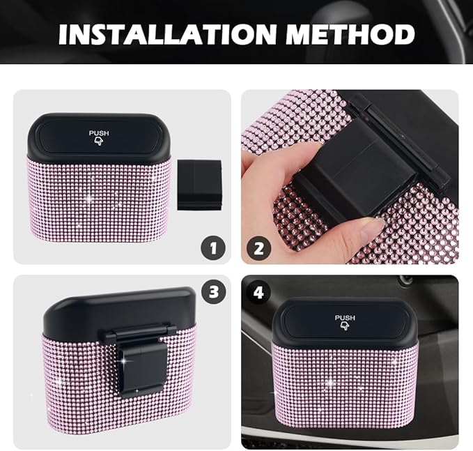 Car Trash Can with Lid & Rhinestones Design,Push-on Car Trash Bin for Storing Trashes Items & Cars Decor Includes 30PCS Trashes Bag,Shiny Cars Garbage Can with Back Clip for Side Door (Black Diamond)