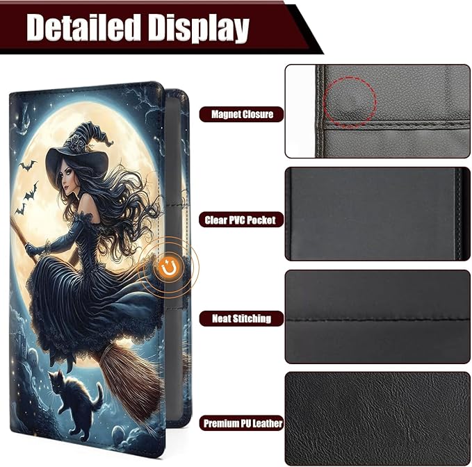 Car Registration Holder, PU Leather Vehicle Glove Box Organizer for Driver License, Document, Car Insurance Holder with Magnetic Shut, Auto Paperwork Wallet Case Accessories, Witch Under The Moon
