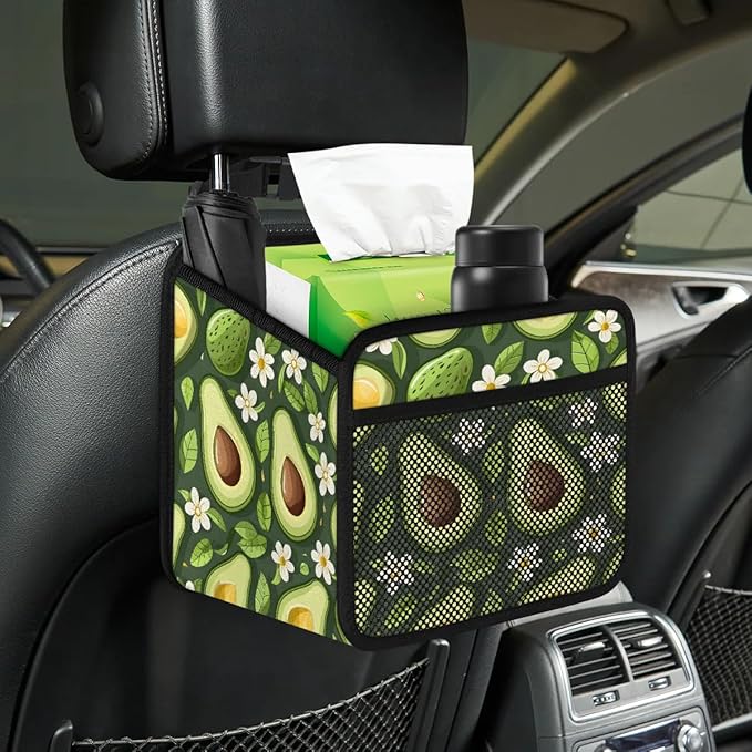 Green Avocado Flower Car Backseat Organizer PU Leather Automotive Back Seat Storage Bag Universal Hanging Garbage Box Travel Accessories Foldable