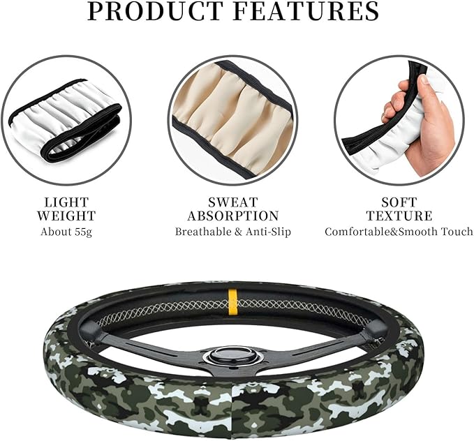 Camouflage Print Car Steering Wheel Cover, 15 Inch Steering Wheel Cover Stylish Decor for Most Cars