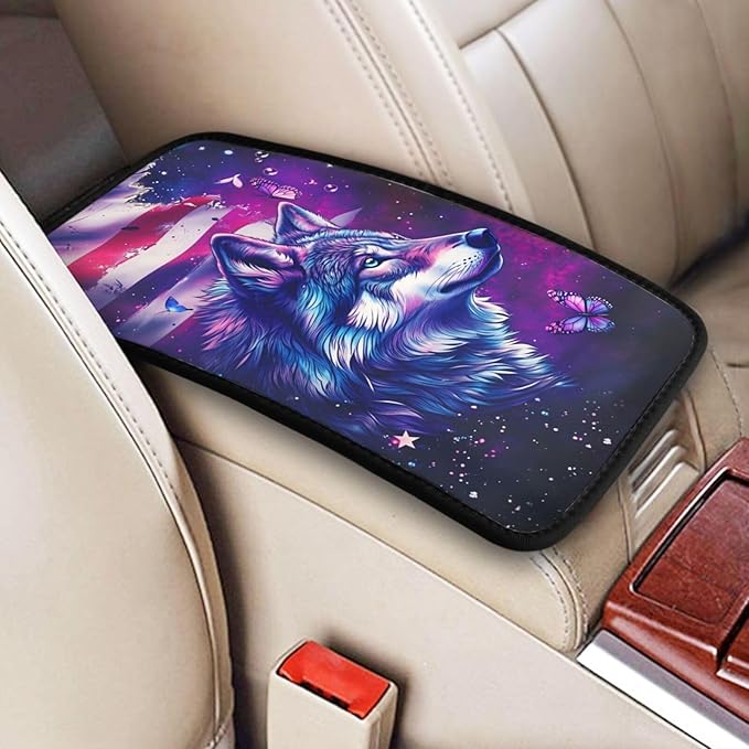 Universal Car Center Console Cushion Pad, Purple Wolf Flag Soft Waterproof Car Center Console Cover Auto Armrest Seat Box Cover Protector for Most Vehicle SUV Truck Car