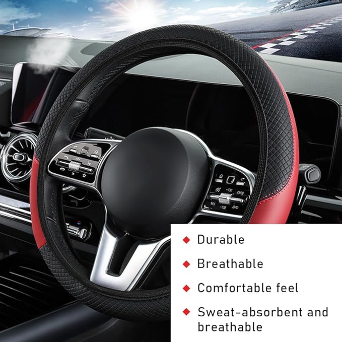 Car Steering Wheel Cover, 15 Inch Leather Breathable Auto Steering Wheel Protector, Comfortable Non-Slip Vehicle Steering Wheel Covers, Universal Interior Car Accessories (Black+Red, AD)