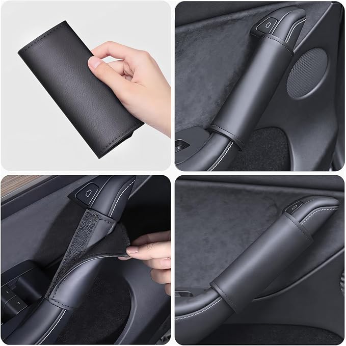 2025 4PCS Tesla Model 3/Y Interior Door Handle Protector Covers (2017-2026) Car Inner Door Panel Pull Handle Trim Cover Sleeve, Soft Anti-Scratch PU Leather, Including Juniper & Highland Accessories