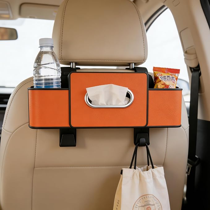 Car Organizers and Storage Box, Multifunctional Car Seat Back Storage Box with Tissue and Hook for Hold Phone Water Cup Handbag, Fits Most Vehicles (Brown,2PCS)