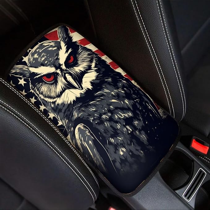 Car Center Console Pad, Universal Waterproof Car Armrest Seat Box Cover, Car Interior Accessories for Most Vehicle SUV Truck Vintage American Flag Owl Car Armrest Pad