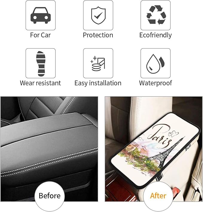 OLIEYFU Paris Eiffel Tower Auto Center Console Cover Universal Car Armrest Pad Waterproof Women Men Automotive Interior Accessories for Most Vehicle SUV