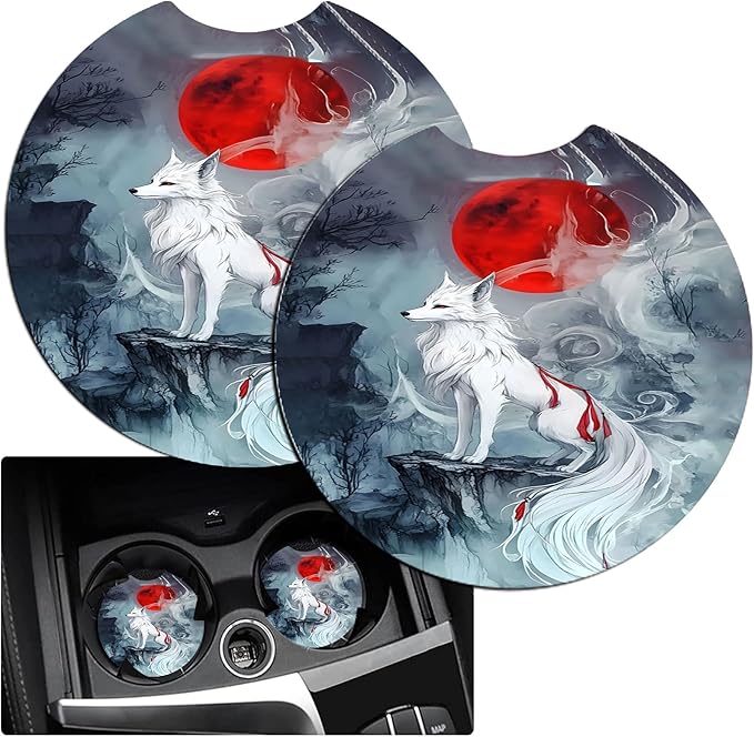 JANENFNA Car Armrest Cover Pads Universal Fashion Cute Auto Center Console Armrest Cover Pad with 2PCS Car Coasters Soft Waterproof Car Armrest Seat Protector for Women,Blood Moon White Fox