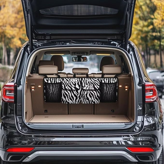 SEANATIVE Black Zebra Car Trunk Organizer, Super Capacity Vehicle Hanging Backseat Cargo Storage Bag with Robust Elastic Net, Detachable Auto Seat Back Organizing Bag, Universal for SUV