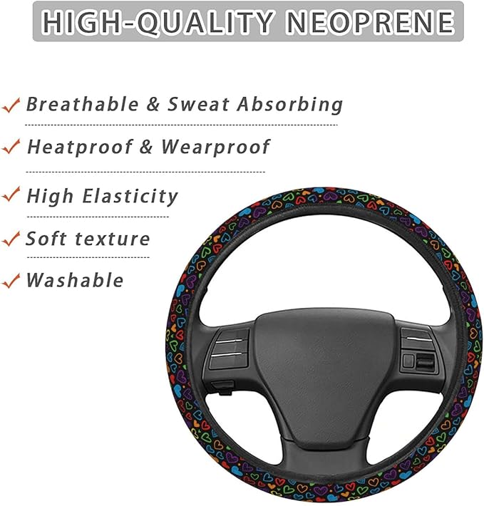 FeHuew Doodle Rainbow Hearts Steering Wheel Cover for Women, Girls 15 inch Universal Auto Car Anti Slip Wrap Steering Wheel Covers Fit for Vehicles, Truck, SUV