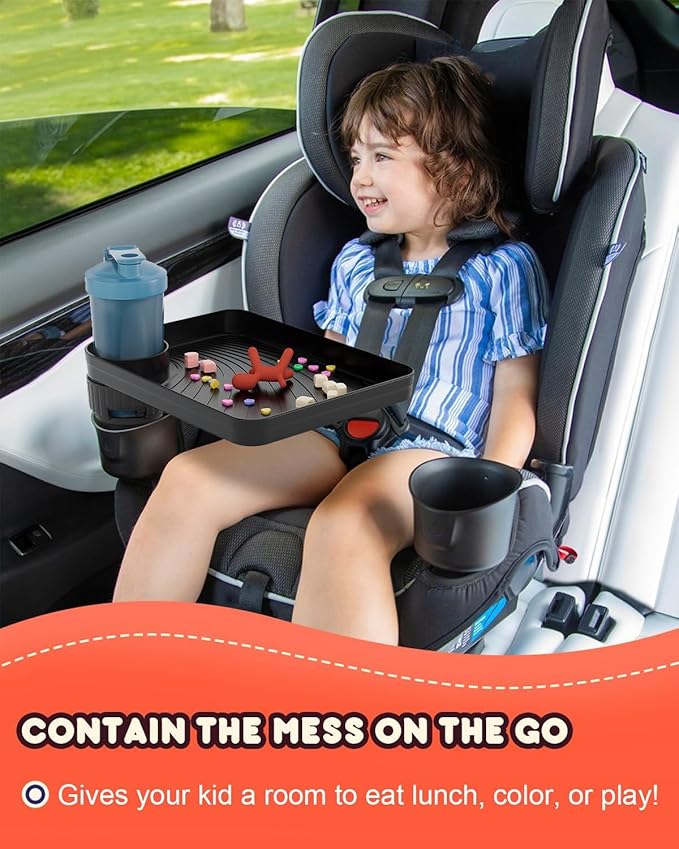 SEVEN SPARTA Car Seat Tray for Kids Toddler Travel with Soft Rubber Base, Rotatable and Removable Cup Holder Snack Tray for Food Color and Play for Family Road Trip Essentials (2, Standard Base)