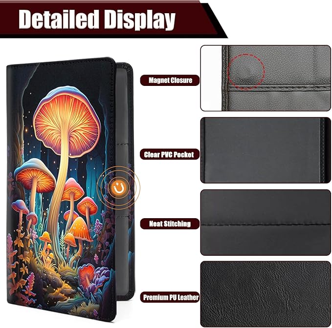 Car Registration and Insurance Holder, PU Leather Auto Document Holder for Men&Women, Vehicle Glove Box Compartment Organizer with Magnetic Shut for Driver's License, Colorful Mushrooms Pattern