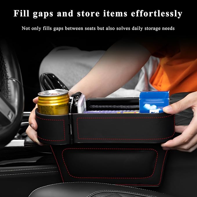 Car Seat Gap Filler Organizer, Auto Leather Seat Organizer with Adjustable Cup Holder, Multifunctional Side Insert Center Console Storage Box for Phone Drink Sunglasses (Black & Red)