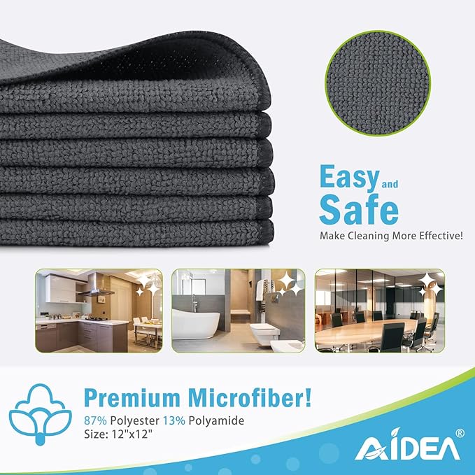 AIDEA Microfiber Cleaning Cloth-12PK, Soft Microfiber Towels for Cars, Absorbent Cleaning Rags, Lint-Free Streak-Free Wash Cloths for House, Kitchen, Window(12in.x12in), Grey