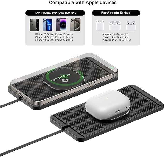 Magnetic Wireless Car Charger Pad, REESTECQI 15W Wireless Charging Pad for Magsafe Charger Non Slip Type C with 40W Car Charger for iPhone 17/16/15/14/13/12, Airpods (30CM Cable)