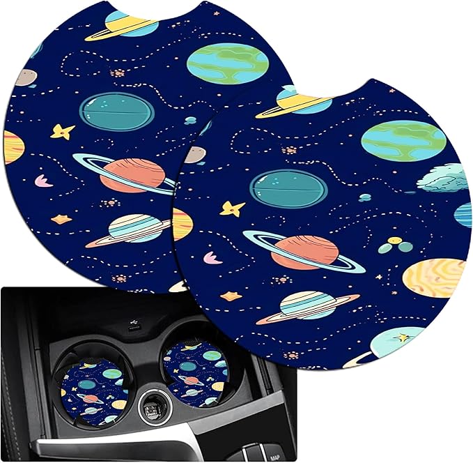 JANENFNA Car Armrest Cover Pads Universal Fashion Cute Auto Center Console Armrest Cover Pad with 2PCS Car Coasters Soft Waterproof Car Armrest Seat Protector for Women,Planets Stars