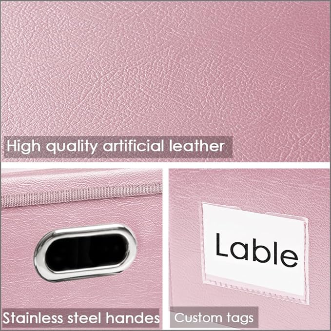 PRANDOM Collapsible Storage Box with Lid [3-Pack] Leather Fabric Foldable Storage Bin Organizer Container Basket Cube with Cover for Home Bedroom Closet Office Nursery Pink(22.8X15.7X11.8)
