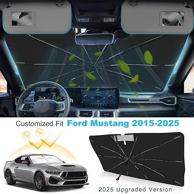 2025 Upgrade Windshield Sun Shade Umbrella Custom Fit for Ford Mustang 2015-2025 Foldable UV Protection Car Cover, Emergency Rain Shield & Dashboard Protector - Durable Auto Accessory