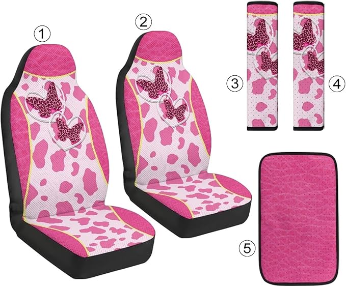 Psesaysky Pink Cow Butterfly Car Seat Cover Set of 5, Breathable Front Seat Protectors for Vehicles with 2 Seat Belt Covers and 1 Console Pad, Gifts for Women Men