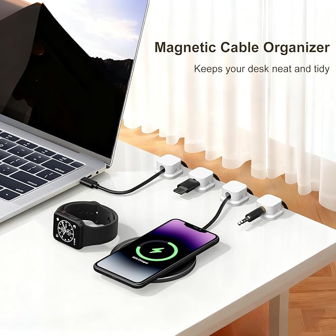 10 Pack Magnetic Cable Clips, Cord Organizer Holder with Strong Adhesive, Desk Cable Management for Home Office Car Desktop Nightstand, Adjustable Wire Keeper (White)
