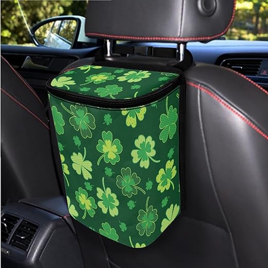 1.2 Gallons Truck Trash Can, Lucky Clovers Small Trash Can for Car, Adjustable Hanging for Tail of Console/Back of Seat, Odor-Free with Zipper Leak-Proof Lid Design, Mini Size for Convenience