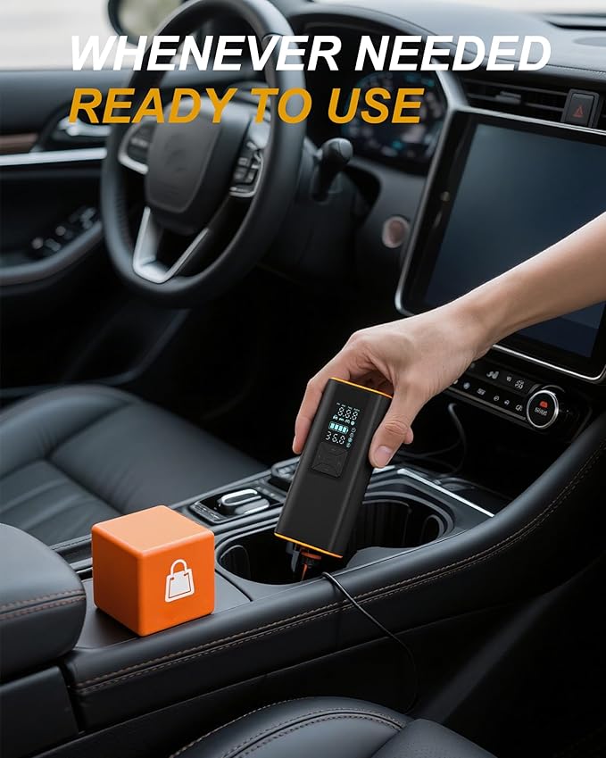 Tire Inflator Portable Air Compressor 150PSI, Extra-Long Battery Life, Auto Shut Off Air Pump for Car Tires, LCD Display with 4 Modes, LED Light Emergency Use for Car Motorcycle Bike Ball