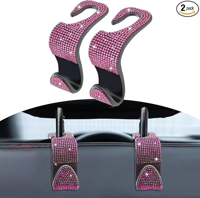 2PCS Car Seat Hooks, Purse Hook for Car, Crystal Rhinestone Vehicle Backseat Purse Holder, Auto Accessories Diamond Auto Seatback Storage Organizer Hanger for Handbag Clothes Purse (Pink)