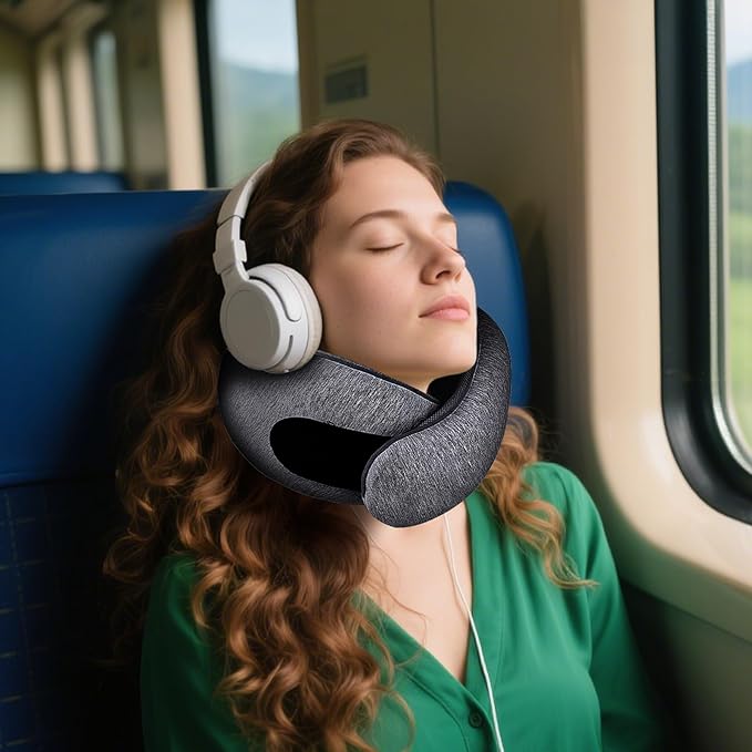 GongPath Travel Neck Pillow for Airplanes, 100% Memory Foam Neck Pillow for Sleeping, 360° Neck Support Pillow, Compact and Ergonomic Design for Travel, Car Rides, Airport (Dark Grey)