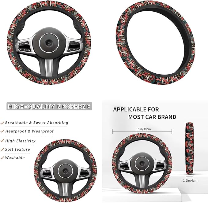 Moon & Mushroon Car Decor Set Steering Wheel Cover Cute Armrest Cushion Fashion Car Interior Accessories for Men Women 6 PCS