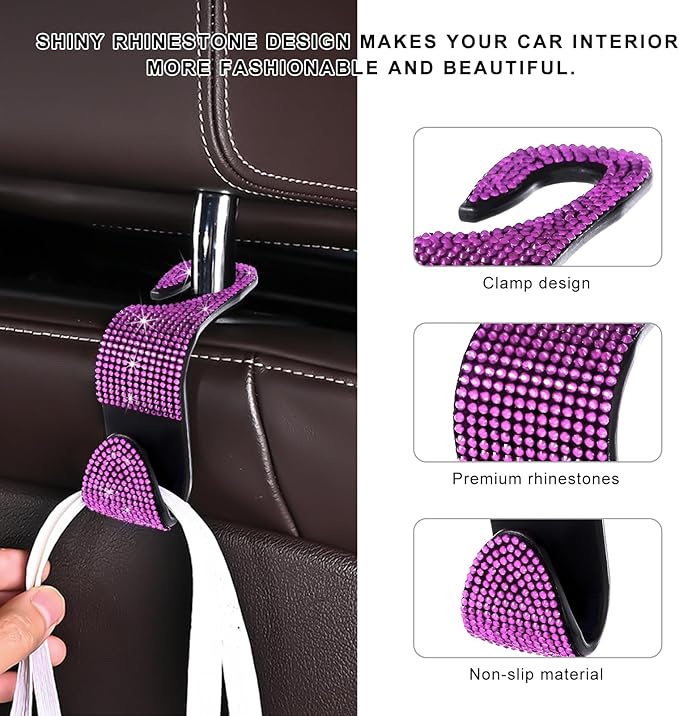 4 PCS Car Seat Headrest Hooks, Bling Crystal Rhinestone Back Seat Hanger Storage Organizer, Sparkly Seatback Holder Hooks for Purse and Bags Universal For Most Vehicles (Pink)