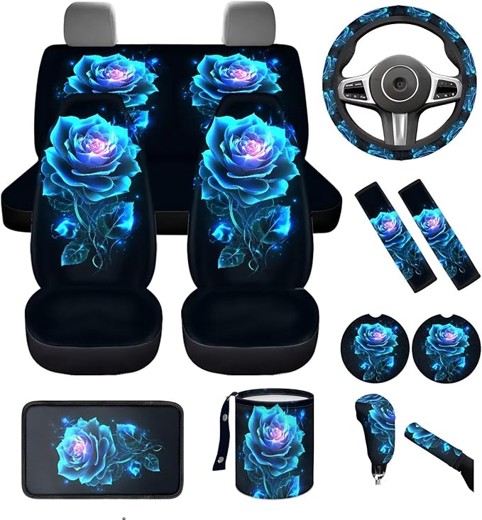 Dngkaoje 13 Pack Neon Flowers Car Seat Covers Full Set,Universal Front and Rear Split Bench Seat Covers for Cars Blue Rose Print Hanging Trash Bag,Seatbelt Shoulder Pads,Armrest Cushion Pad
