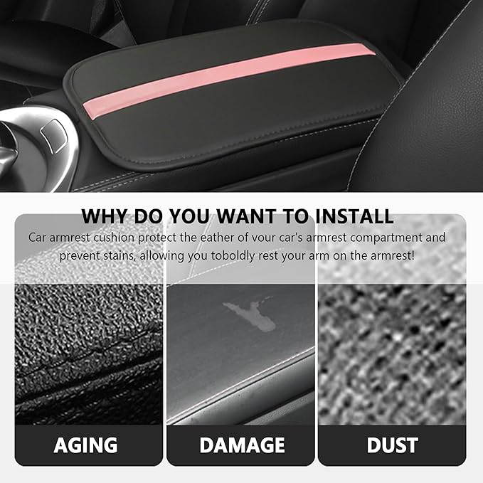 Car Center Console Cover,Leather Arm Rest Cover for Car Keep Scratches on Center Console,Striped Patchwork Middle Console Cover Car Accessories Interior for Most Vehicles (Black/Pink)