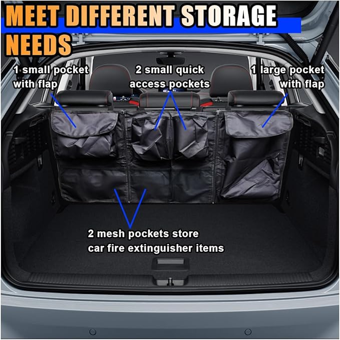 Back Seat Trunk Organizer, Large Capacity Hanging Storage Organizer with Adjustable Straps, Waterproof Cargo Storage Bag with Pockets, Car Interior Accessories for Car, Truck, SUV (Black)