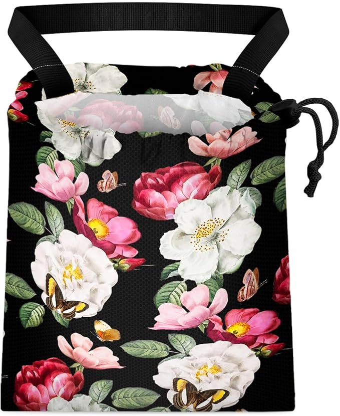 GEGEPINK Car Trash Bag Hanging Back of Seat Waterproof Small Cute Printed One-handed Strap Drawstring Garbage Bags for Car-Black Floral