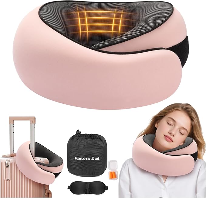 Vietora Eud Travel Neck Pillow, Memory Foam Neck Support for Airplane, Car & Office, Breathable Portable Design with Eye Mask, Earplug Holder & Carry Bag, Holiday Gift for Christmas & New Year