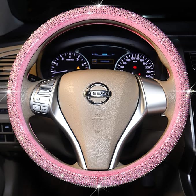 Pink Bling Steering Wheel Cover for Women Sparkly Rhinestone Bedazzled Car Accessories Diamond Cute